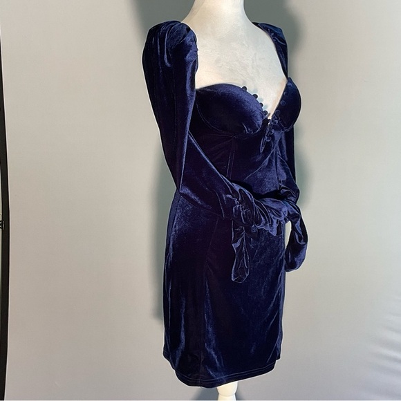 FASHIONNOVA, Sz M, Velveteen, Midnight Blue, BodyCon, Mini-Dress W Deep V Neck - Picture 9 of 16